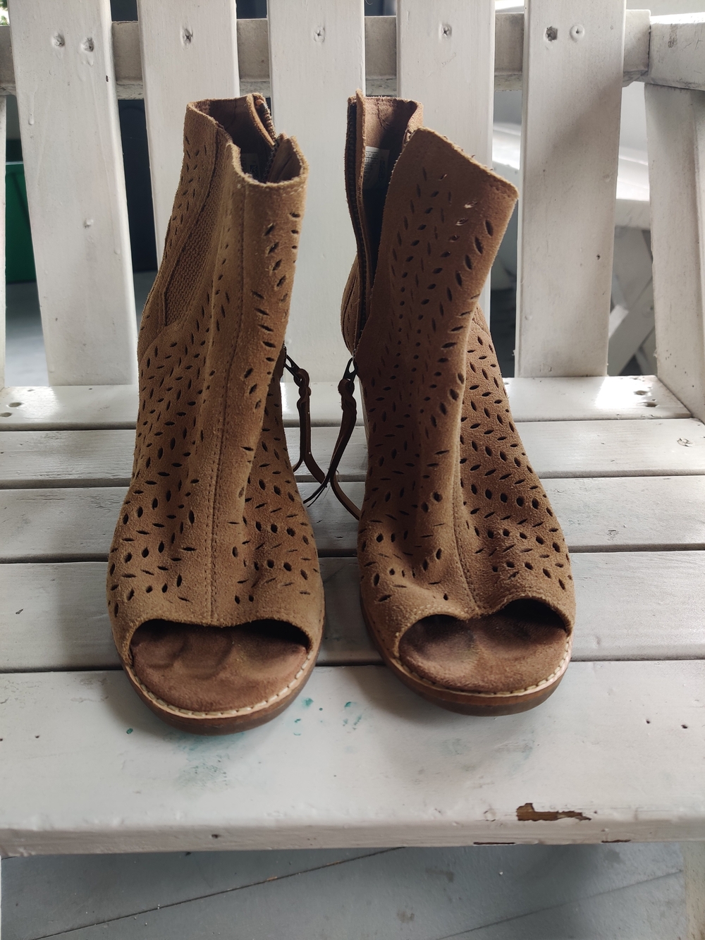 Tom's Women's Tan Suede Peep-Toe Perforated Ankle Booties - Picture 2 of 5